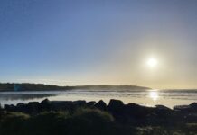 Image of beach with rocks and the sun shining